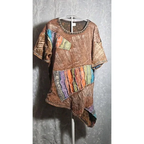 Boho Hippie TShirt Womens M/L Patchwork Short Sleeve Asymmetrical Lagenlook 90s - Picture 2 of 9
